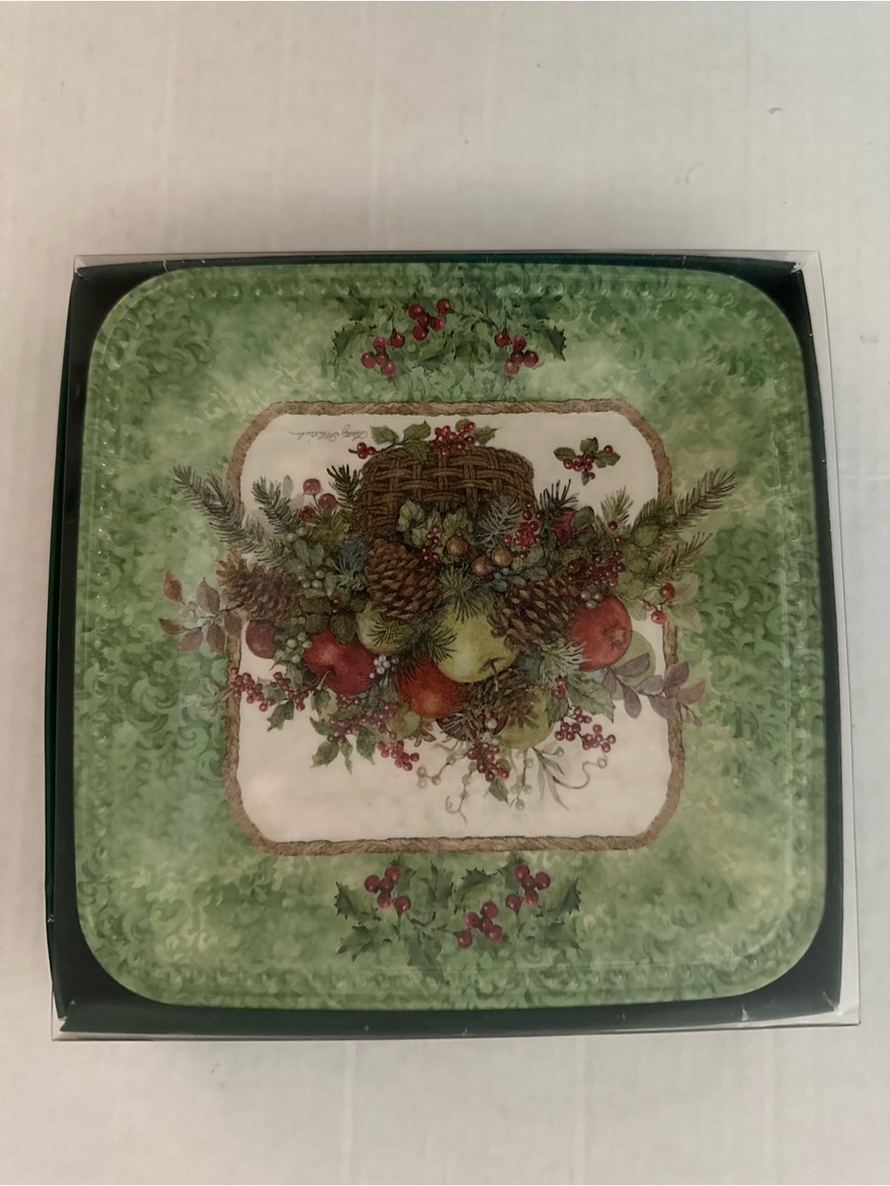 Keller Charles Christmas Holiday Serving Tray Holly Pinecones Fruit Green NIB